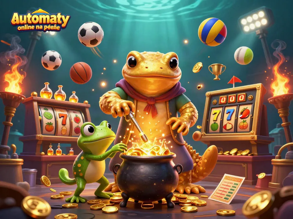 Play automaty online na pieniądze in a vibrant 3D scene featuring a salamander alchemist, sports elements, and golden coins.