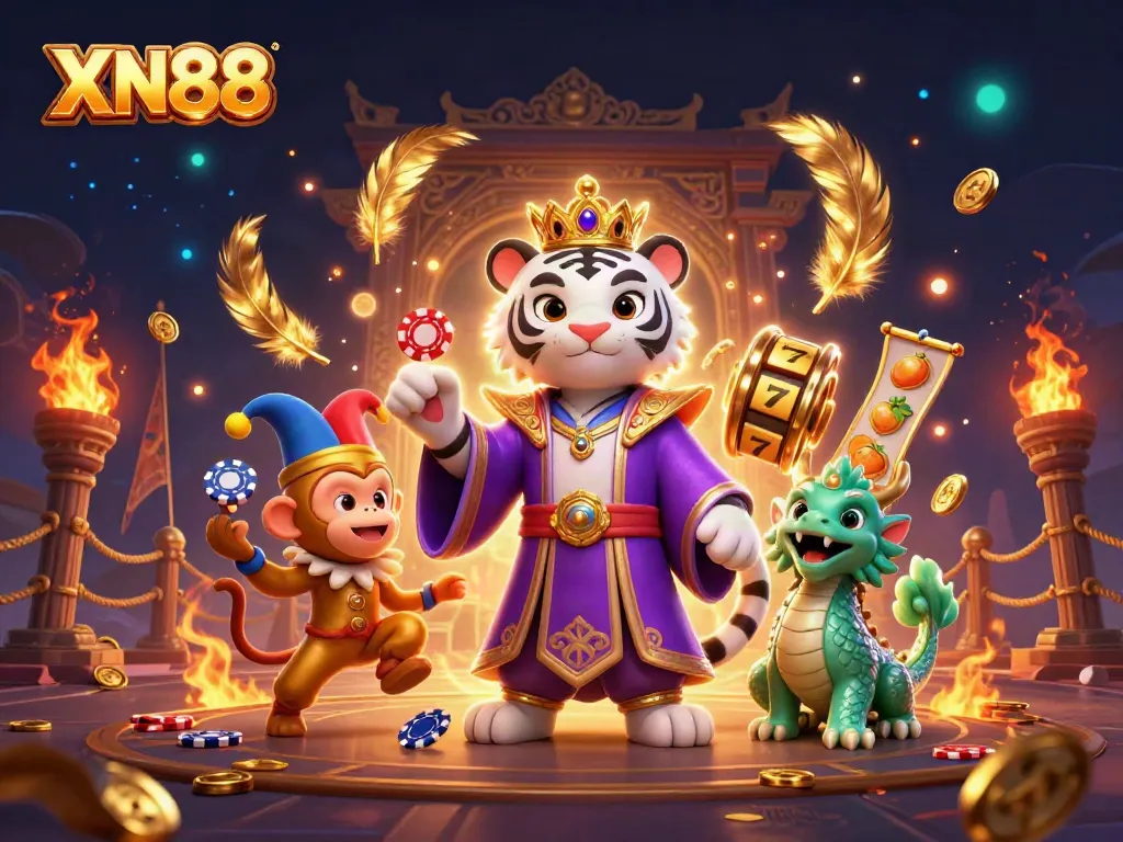 Experience the excitement of XN88 with vibrant casino characters and slot machines in a captivating scene.