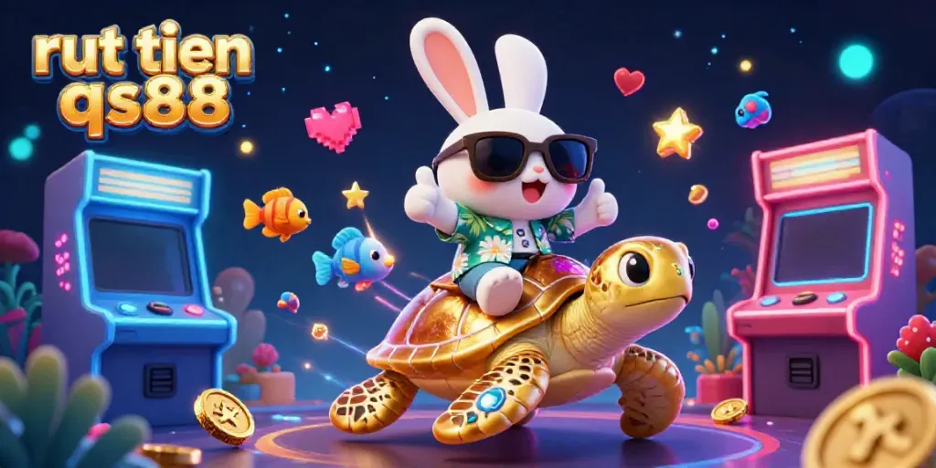 Experience the excitement of rut tien qs88 with a charming rabbit and a golden turtle amidst vibrant casino elements.