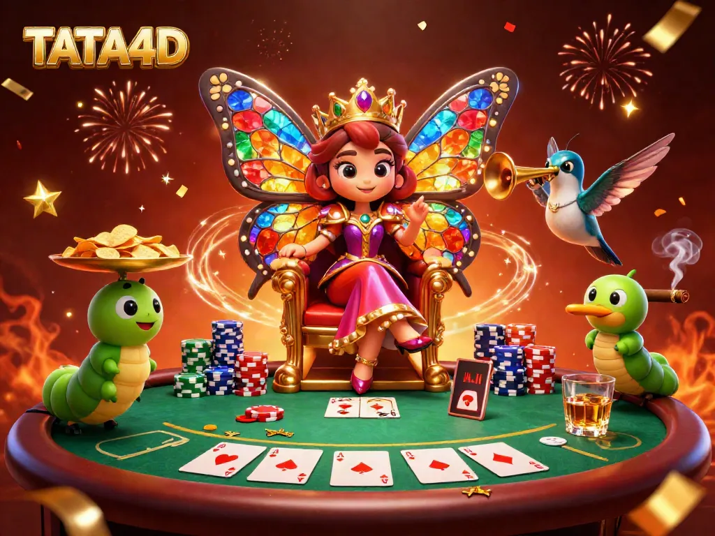 TATA4D's live casino scene with a butterfly queen, poker elements, and vibrant celebration effects.