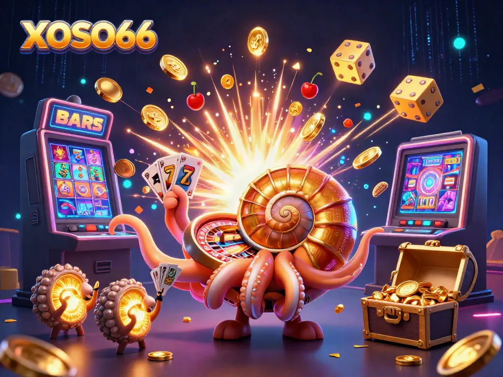 XOSO66 showcases a thrilling casino world with dynamic characters and vibrant game elements.