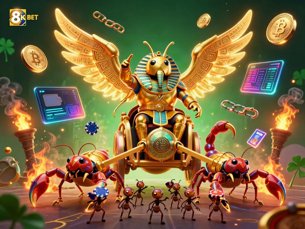 Bet on 8KBET with a stunning chariot scene featuring a golden beetle and crypto coins.