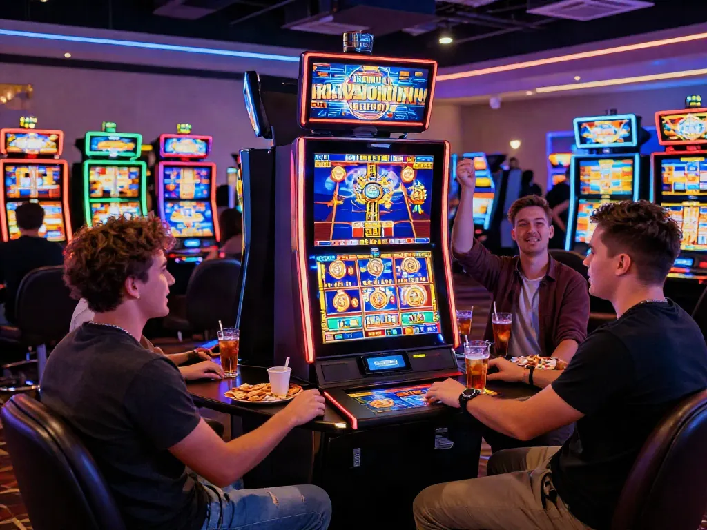 Exciting gaming scene featuring friends celebrating a win on slot machines in a vibrant casino.