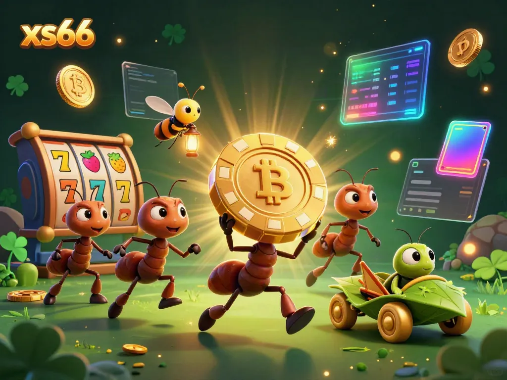 Experience an exciting heist with xs66's playful ants carrying a giant poker chip amidst vibrant slot reels.
