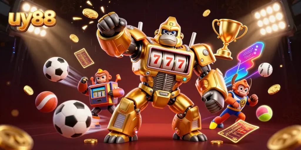 Experience the thrill of uy88 with an explosive 3D casino and sports betting scene featuring vibrant game elements.