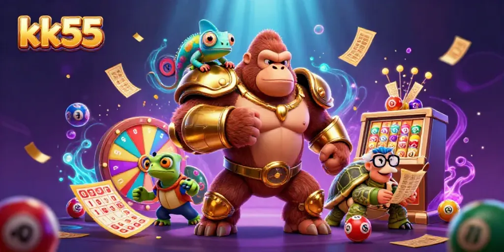 Experience gambling excitement with kk55 illustrated by a powerful gorilla king and vibrant lottery elements.