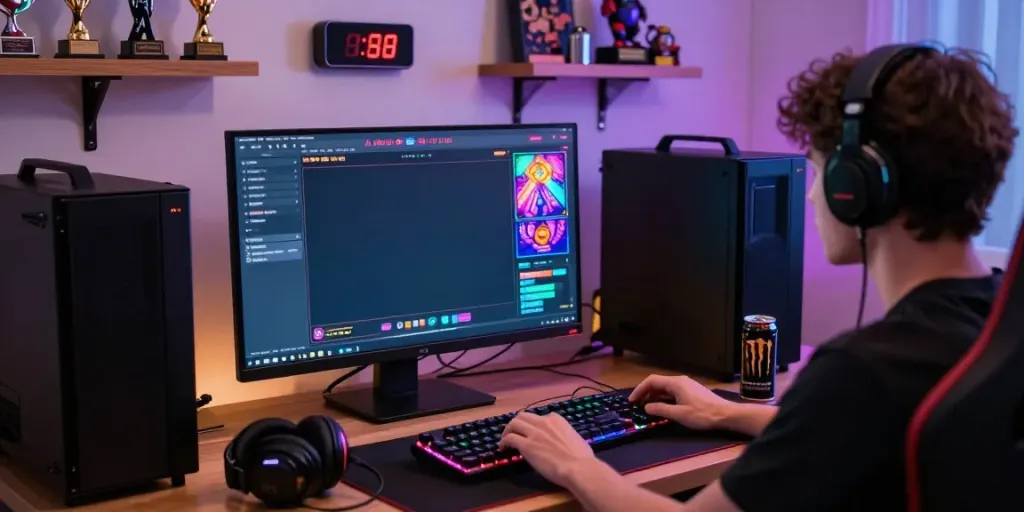 Engaged gamer playing slot gacor on a vibrant gaming setup at home.