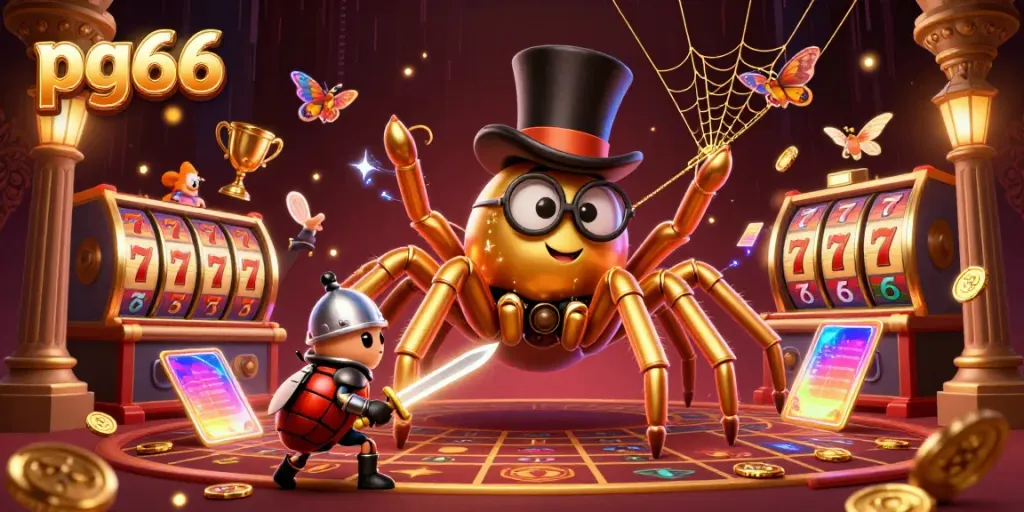 Experience the exciting world of pg66 online casino with a golden tarantula and beetle knight scene.