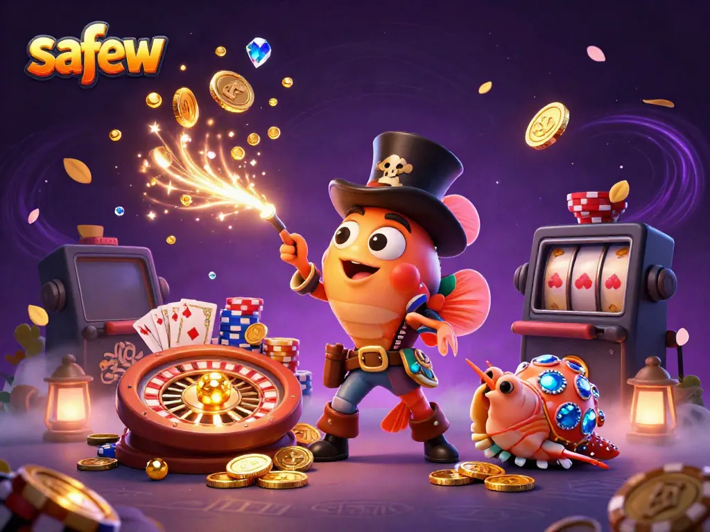 Experience safew's secure features with a dynamic scene of three characters attracting golden coins and casino elements.