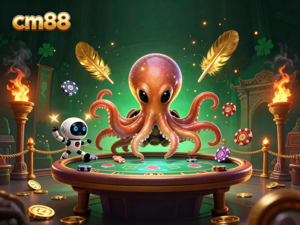 Experience cm88 excitement with a 3D alien octopus overseeing a thrilling poker game.