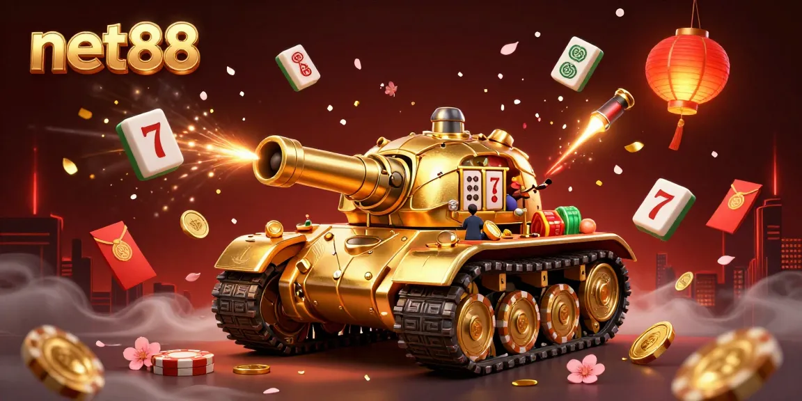 Experience thrilling gameplay with net88’s vibrant casino-themed 3D illustration featuring a unique golden beetle tank and exciting game elements.