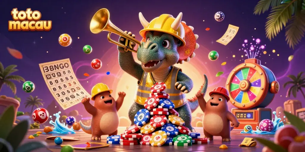 Gambaran interaktif toto macau dengan dinosaurus menyenangkan membangun gunung chip poker di tengah elemen permainan yang berwarna-warni.