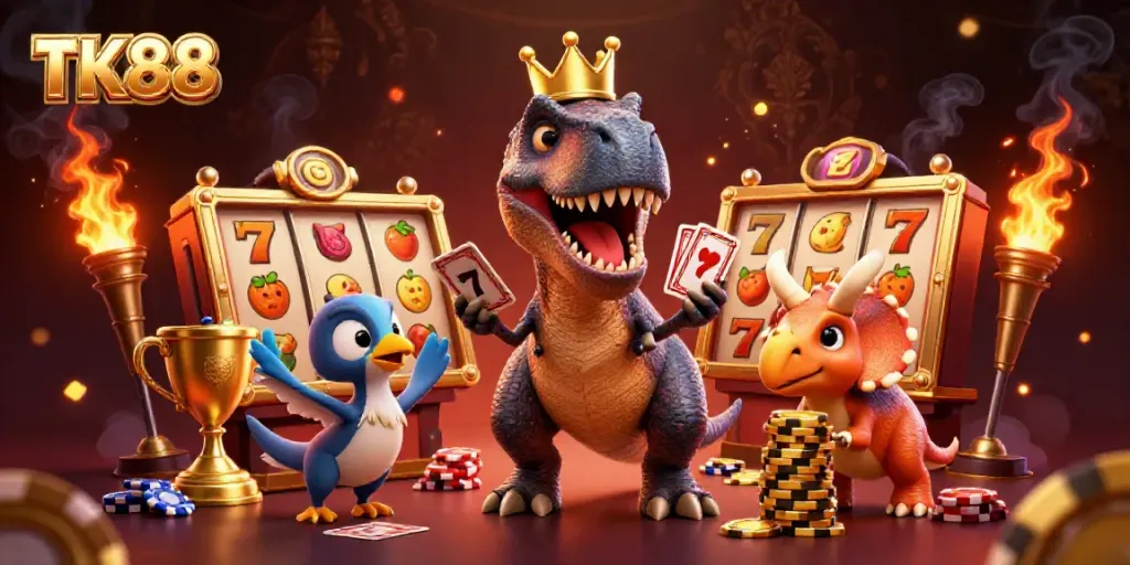 Fabulous illustration of TK88 with a T-Rex shuffling cards and a baby triceratops stacking chips in a vibrant casino scene.