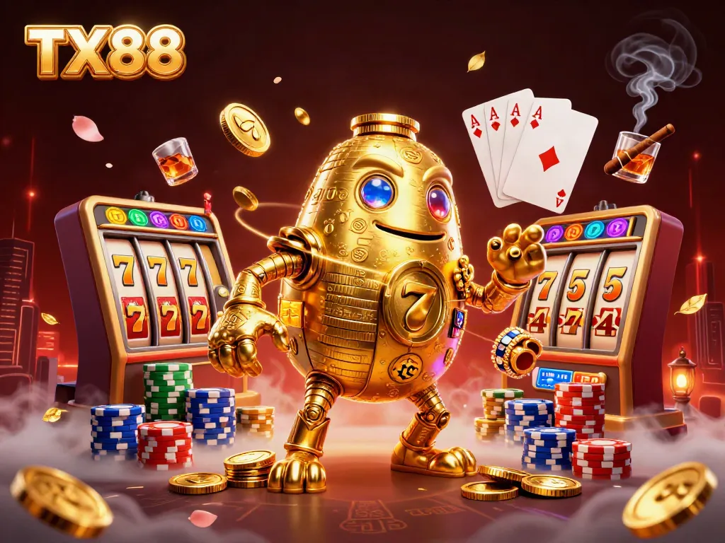 Engage with TX88's vibrant casino scene featuring golden golem and dynamic slot elements.
