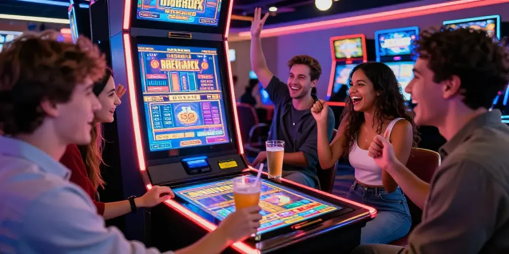 Grup teman menikmati slot online di kasino dengan suasana ceria dan lampu neon