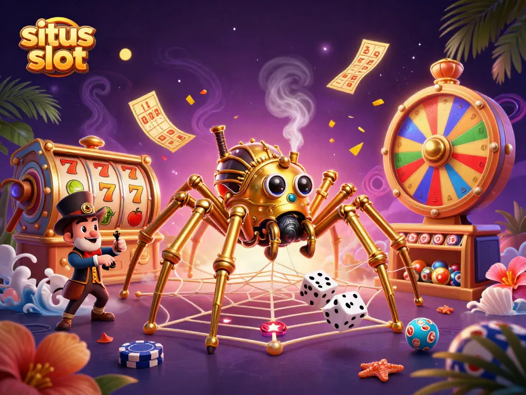 Engage with the vibrant situs slot scene featuring steampunk elements and lively casino visuals.