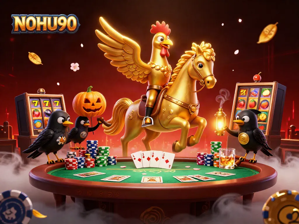 Join the excitement with NOHU90 slots as golden rooster rides through a vibrant casino!