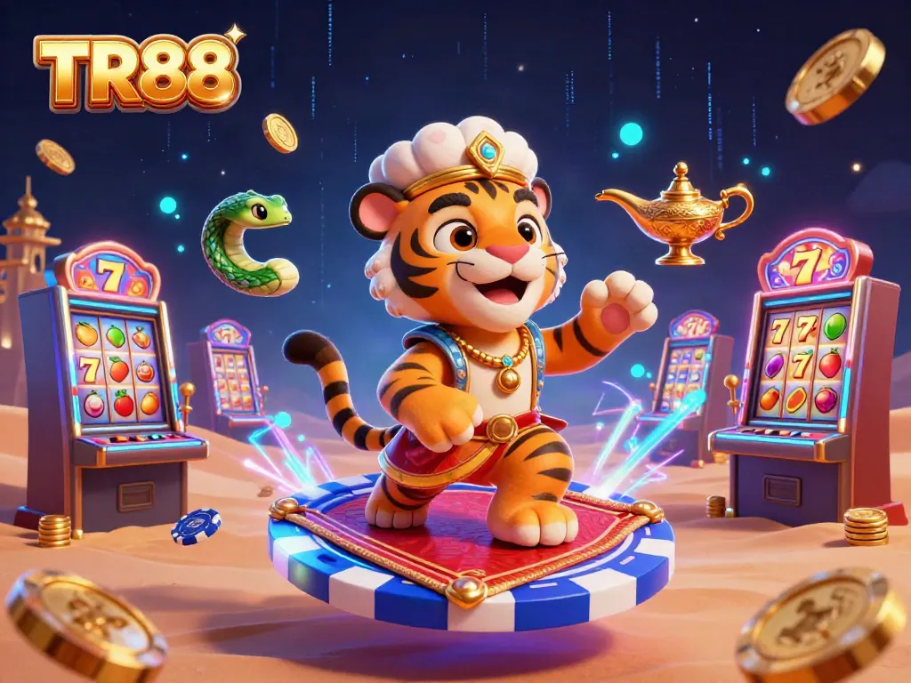 Engage with the TR88 online casino's vibrant gaming atmosphere featuring unique characters and slot elements.