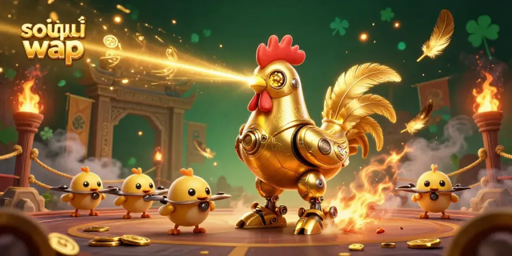 Experience thrilling betting with soi cầu wap in a dynamic casino scene featuring a golden rooster robot and mini drones.