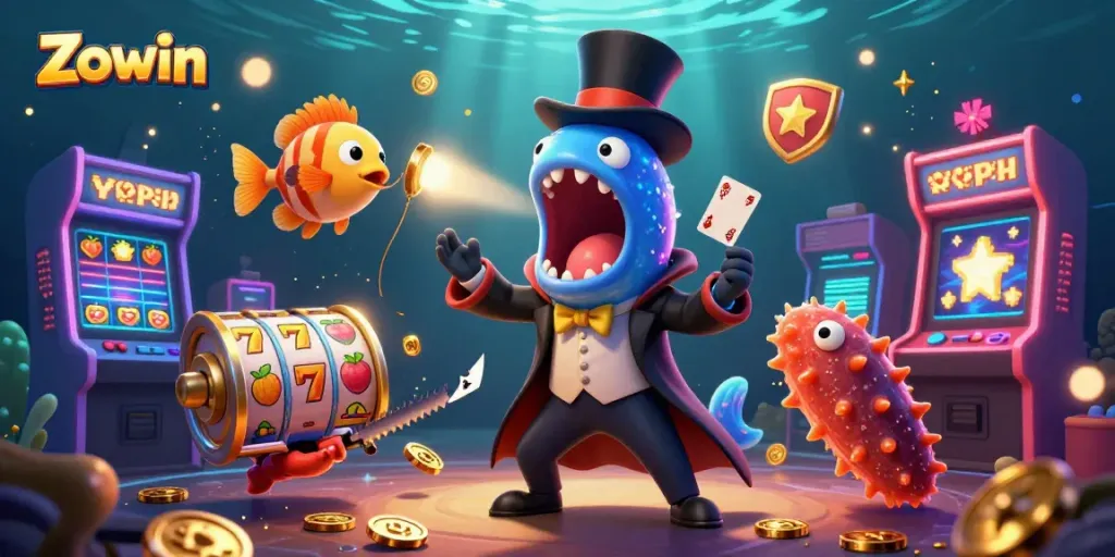 Zowin showcases a magical underwater casino scene with vibrant characters and dynamic gaming elements.