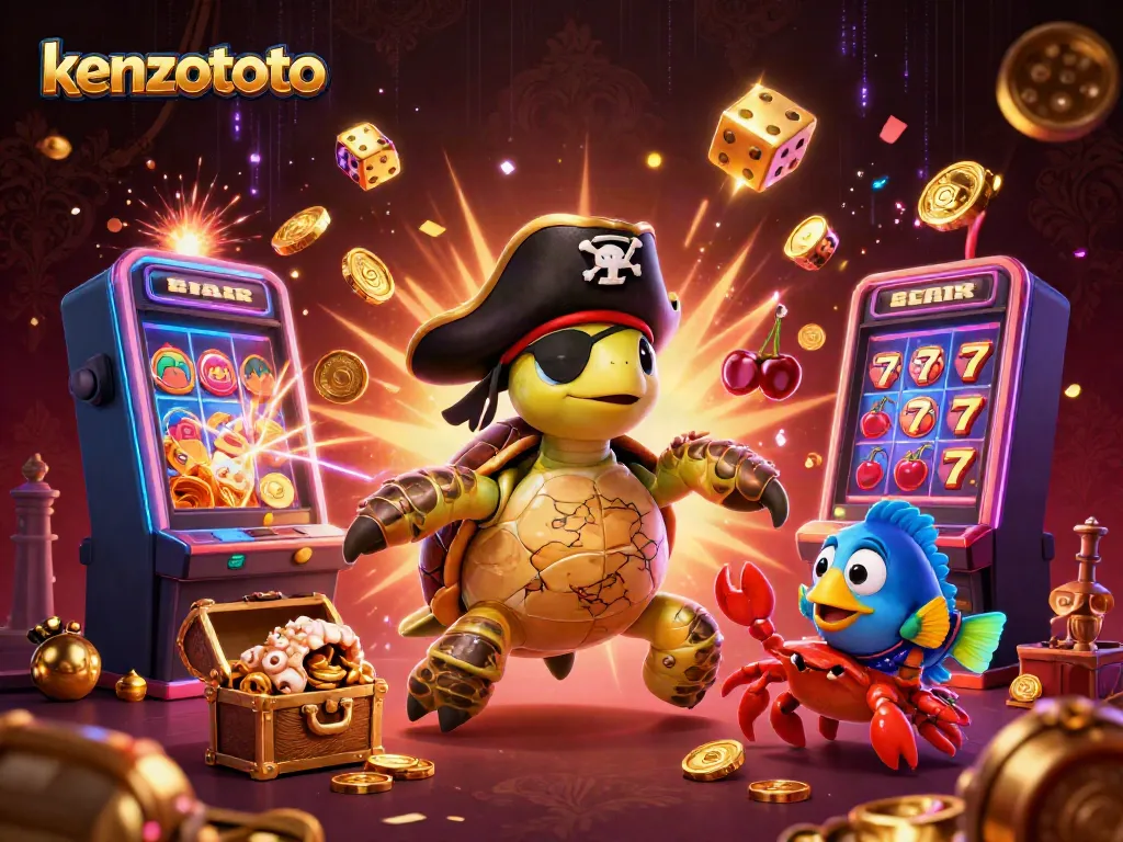 Experience thrilling wins at kenzototo with 3D pirate-themed game illustration featuring lucky 7s and treasure.
