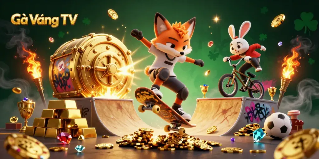 Experience thrilling sports action at Gà Vàng TV, featuring cartoon animals in a dynamic betting scene.
