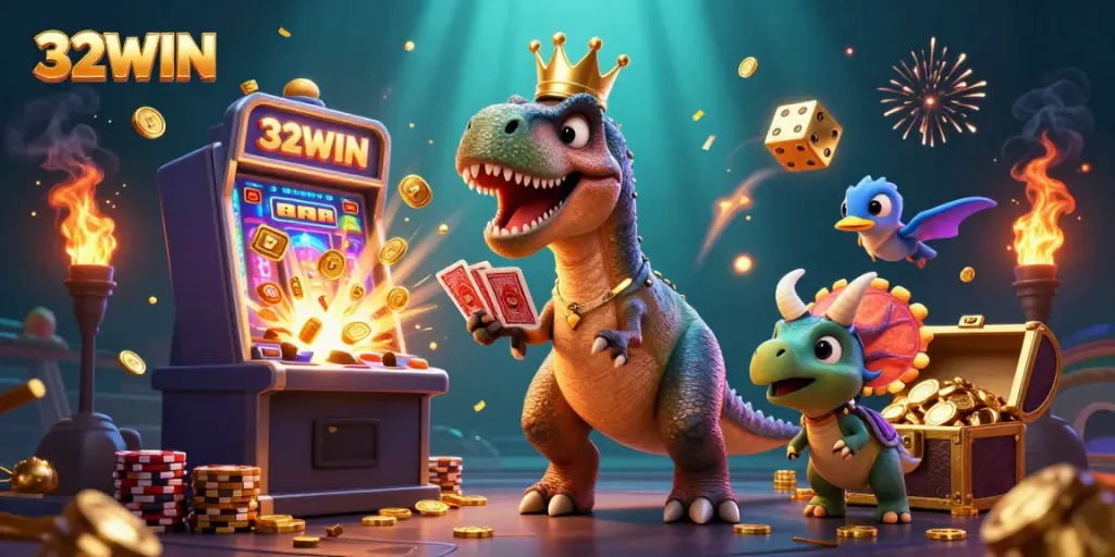 Win big at 32WIN, as a T-Rex shuffles cards while a baby triceratops stacks golden chips, surrounded by casino elements.