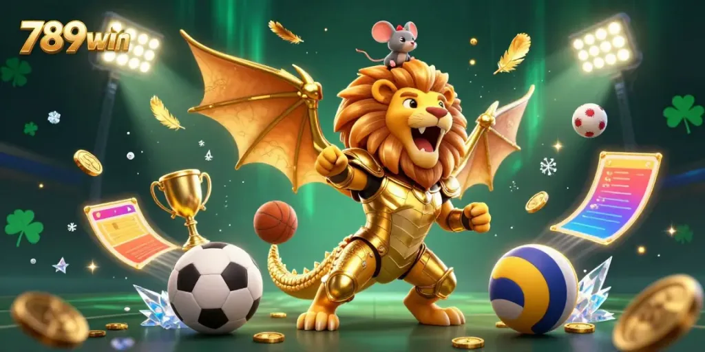 Bet on your game with 789win in this vibrant casino illustration featuring a triumphant chimera.