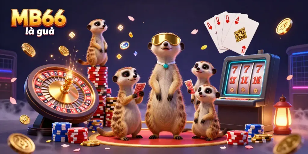 Experience the thrilling world of MB66 là gì with cartoon meerkats managing a vibrant casino, showcasing games and excitement.