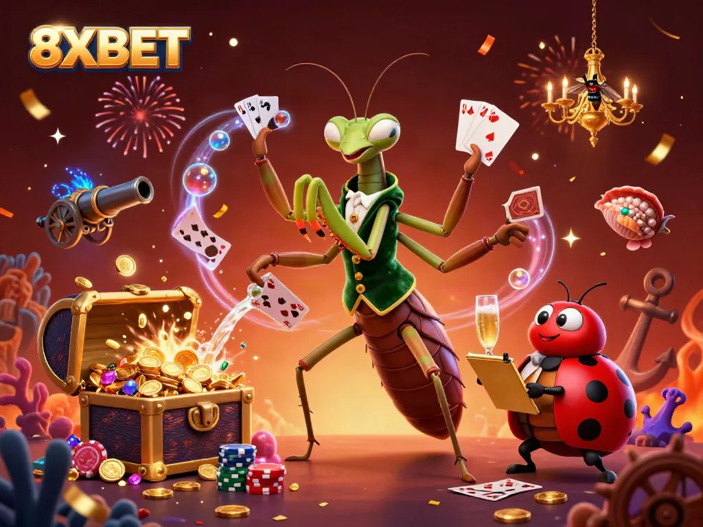 8XBET vibrantly illustrated casino scene with a praying mantis dealing cards, ladybug pit boss, and festive decorations.