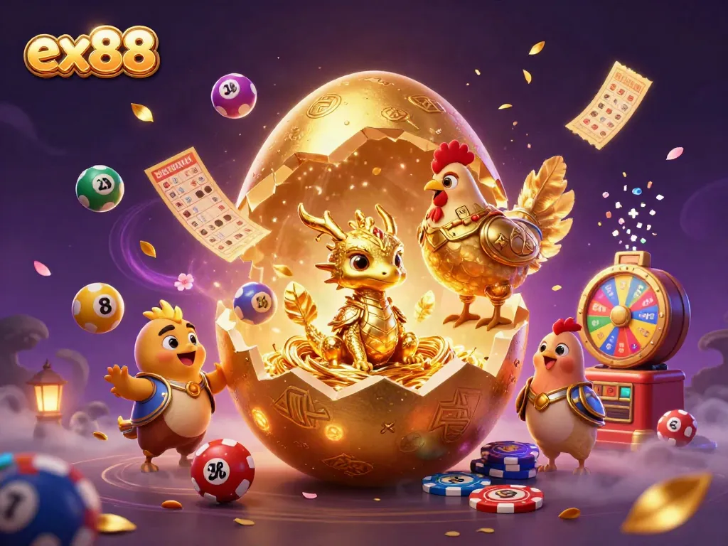 Experience thrilling gaming dynamics with ex88 showcased in a vibrant 3D casino world bursting with colorful elements.