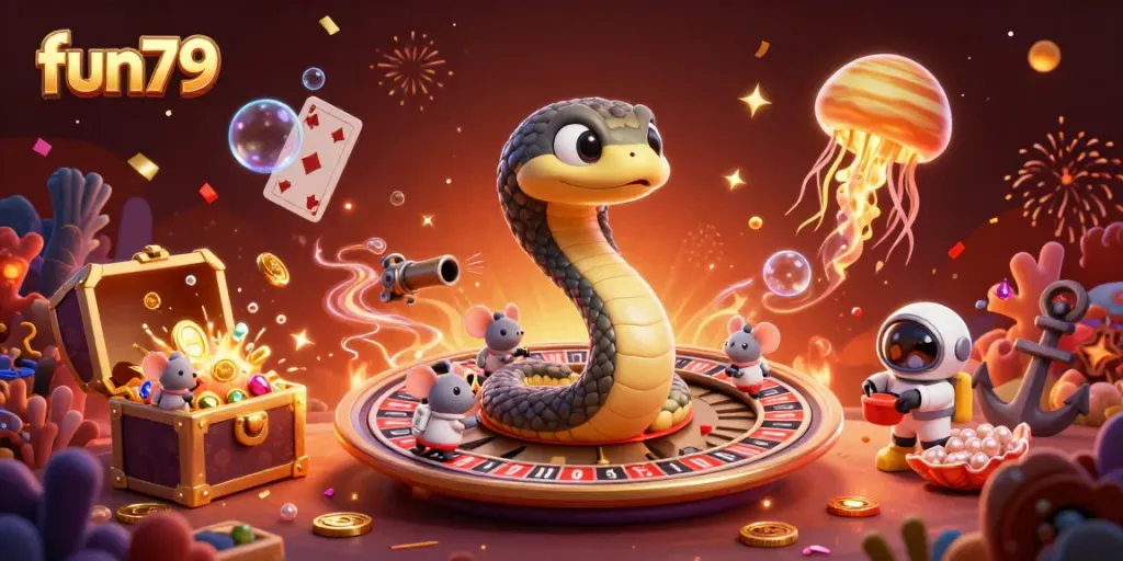 Engage with fun79's vibrant cosmic casino scene featuring a Saturn ring snake roulette wheel and astronaut mice betting.