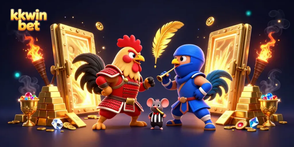 Engage in thrilling action with kkwin bet and witness a dynamic cartoon standoff of colorful roosters.