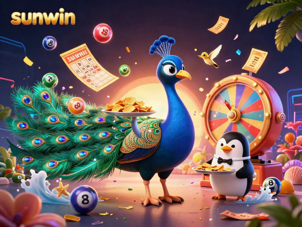 Experience the excitement of sunwin with a vibrant casino scene featuring playful characters and dynamic game elements.