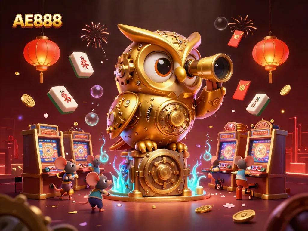 Experience the thrill of AE888 at a vibrant casino scene filled with whimsical characters.