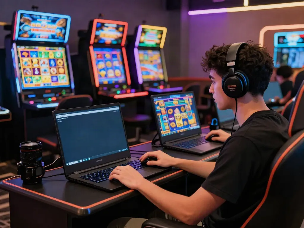 A player enjoying online slot games on a laptop in a modern gaming setup.