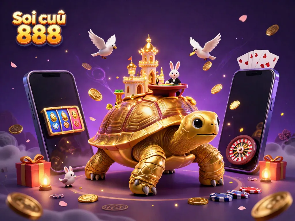 Soi cầu 888 features a giant tortoise with a casino shell, showcasing vibrant gambling elements and a rabbit dealer.