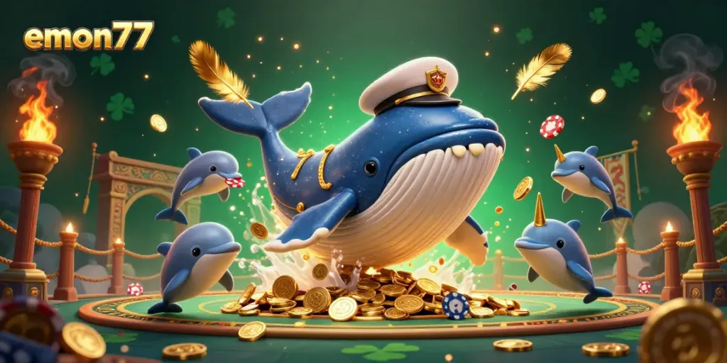 Join the action at emon77 with a captivating 3D illustration of a whale breaching amidst a sea of coins and engaging characters.