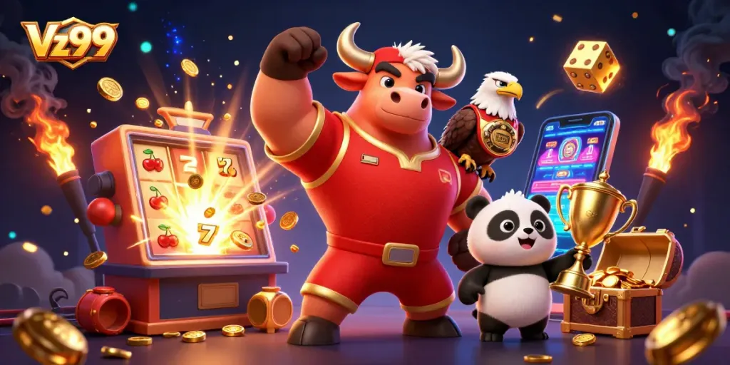Engage with the Vz99 casino experience featuring a victorious bull, eagle champion, and trophy panda.