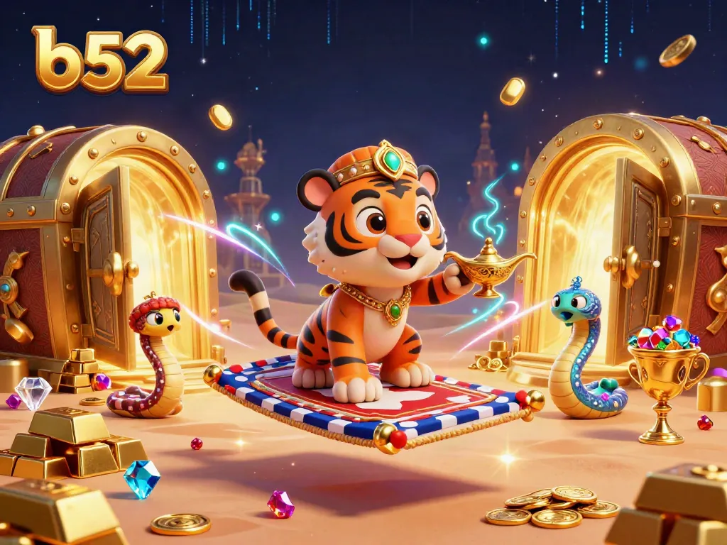 Experience the enchanting world of b52 with a tiger sultan and treasure in a casino-themed digital illustration.