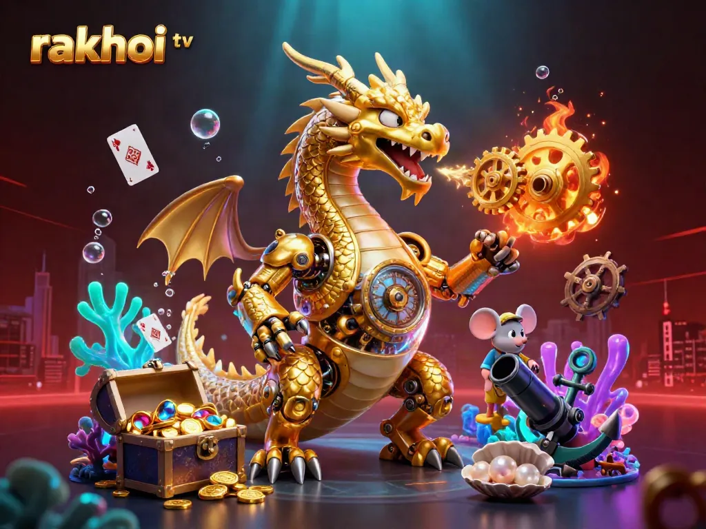 Explore the dynamic action of rakhoi tv with a golden dragon and treasures in a vibrant underwater scene.