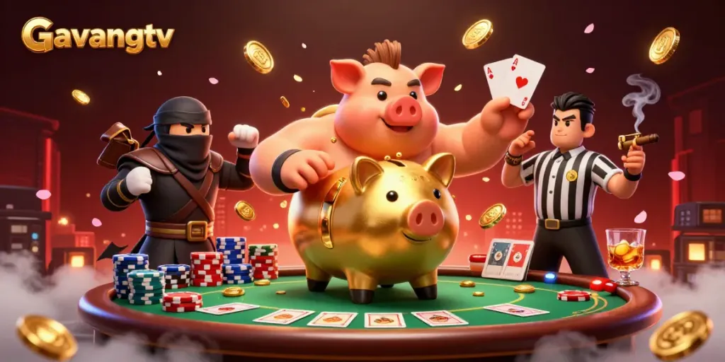 Gavangtv showcases immersive gameplay as a golden piggy bank sumo wrestler stomps coins, amidst vibrant poker elements.