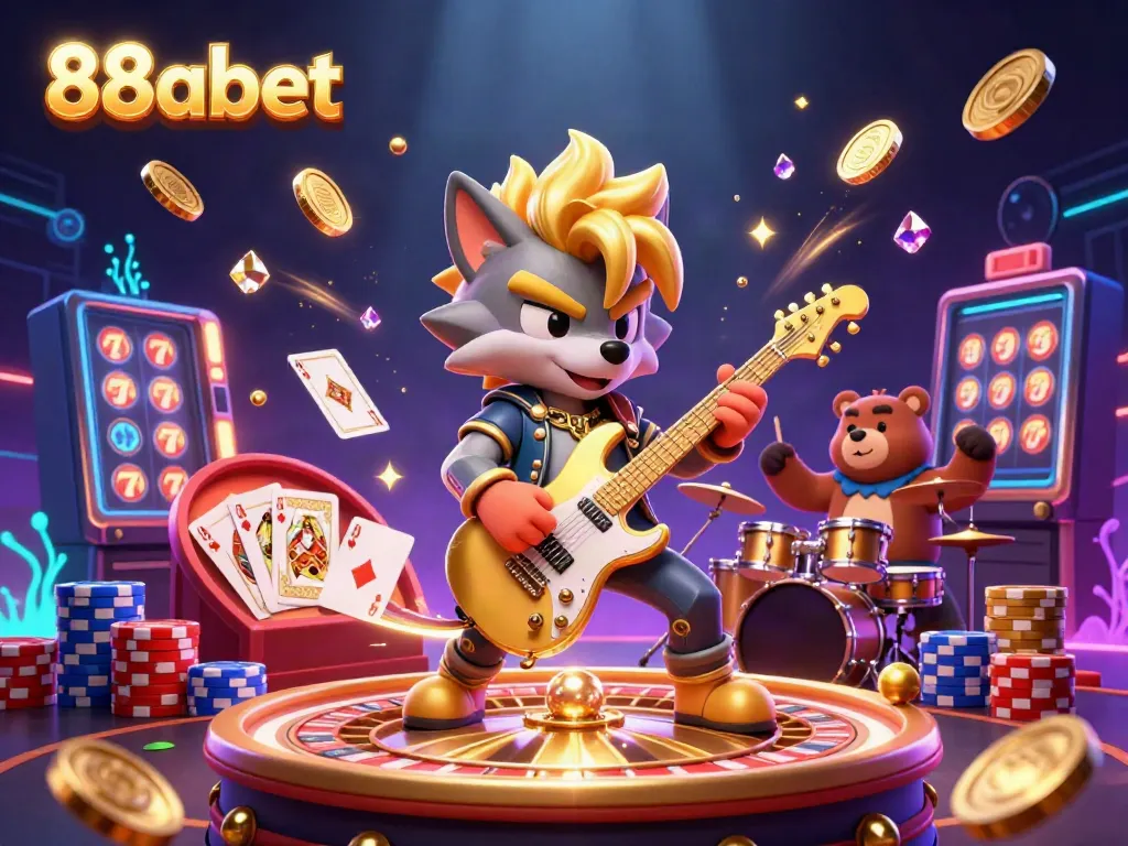 Experience the vibrant excitement of 88abet at a lively casino stage featuring a rock star wolf and a drummer bear.