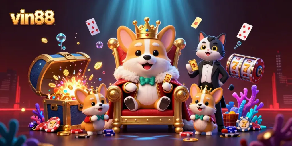 Win big at vin88 with an illustration showcasing vibrant casino themes and playful characters.