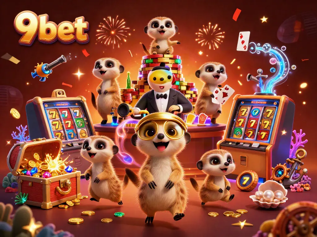 Engage with the vibrant 9 bet casino scene showcasing meerkats running games with gold coins and lively decorations.