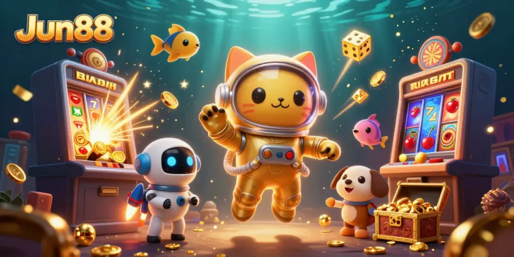 Experience winning big with Jun88 in a vibrant 3D casino-themed illustration of an astronaut cat and treasures.