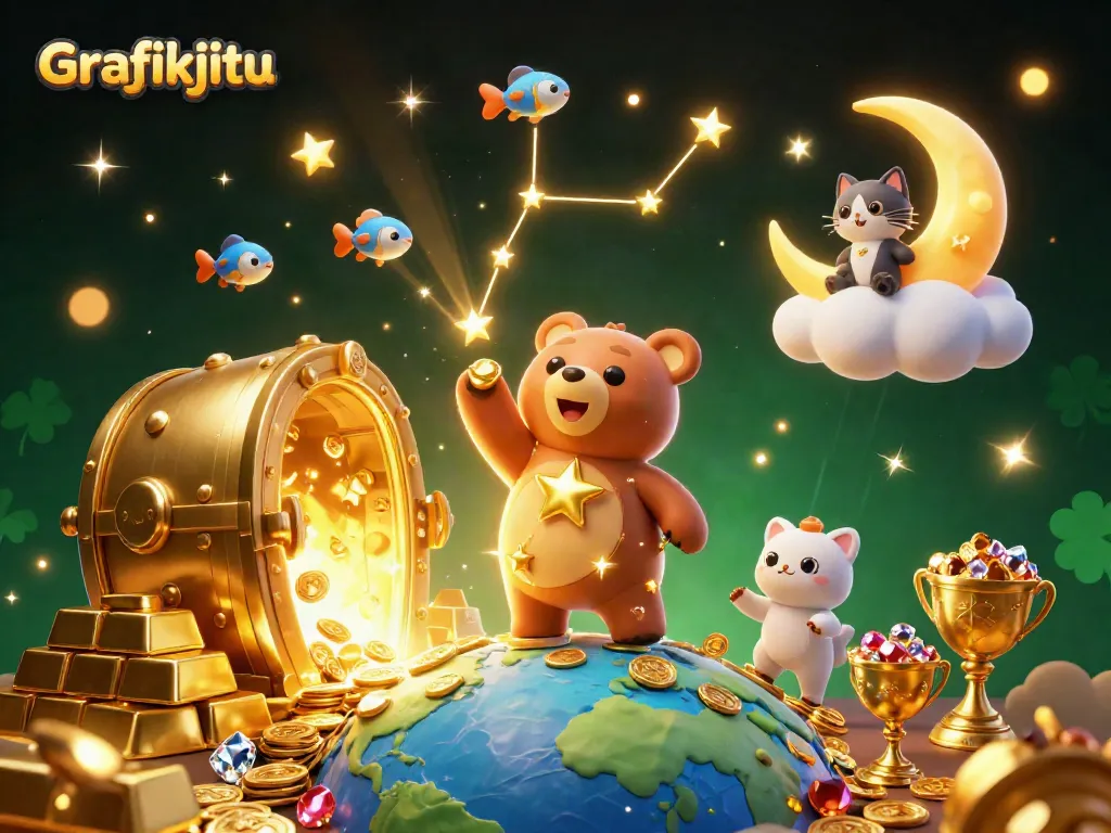 Experience the thrill of Grafikjitu with vibrant treasures and animated characters in a casino fantasy.
