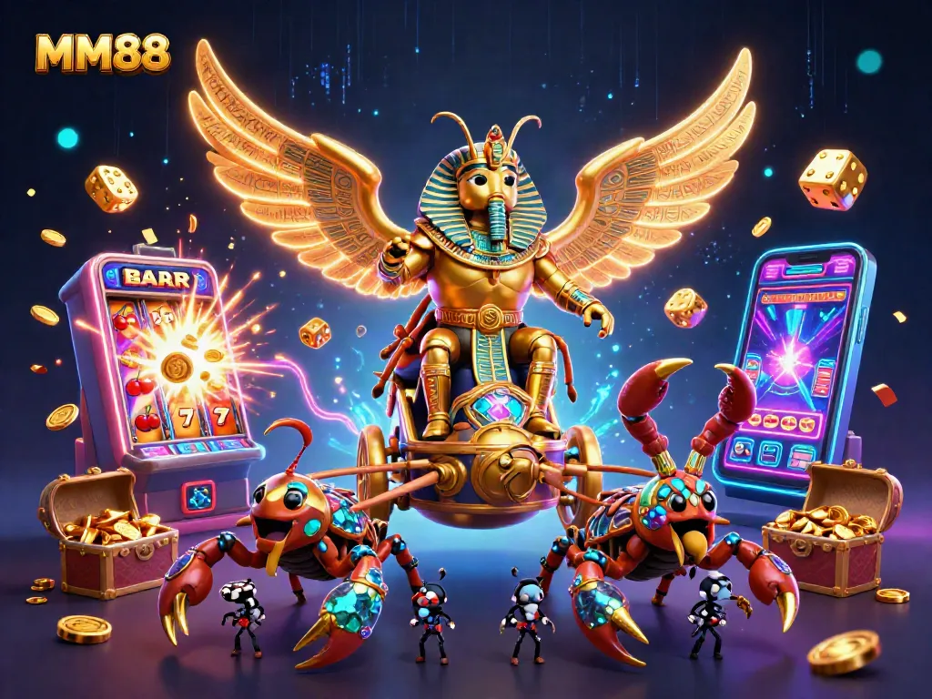 Engage with MM88's vibrant casino world featuring golden scarabs, jewel scorpions, and bursting jackpots.