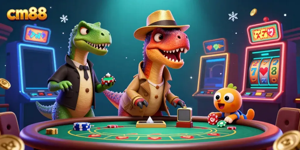 A playful velociraptor disguised as a card counter at a blackjack table in the vibrant cm88 casino scene.