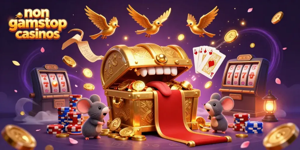 Adventurer mice drawn to a treasure chest symbolize non gamstop casinos, showcasing vibrant gaming elements.